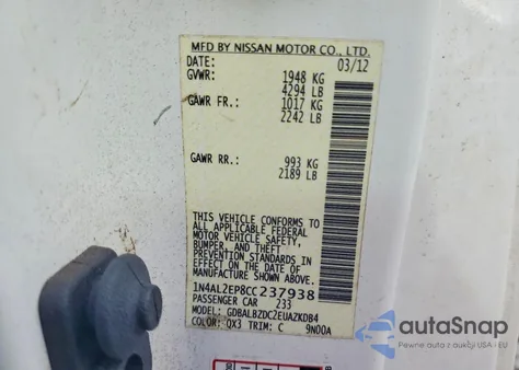 2012 Nissan Altima S from USA, damaged, VIN 1N4AL2EP8CC237938